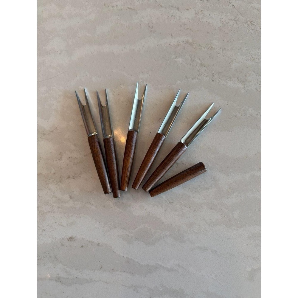 Vintage Mid-Century DAL USA Stainless Steel Cocktail Appetizer Forks with Wood H